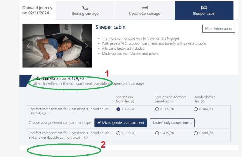 Booking sleeping cabins for a couple on a Nightjet train