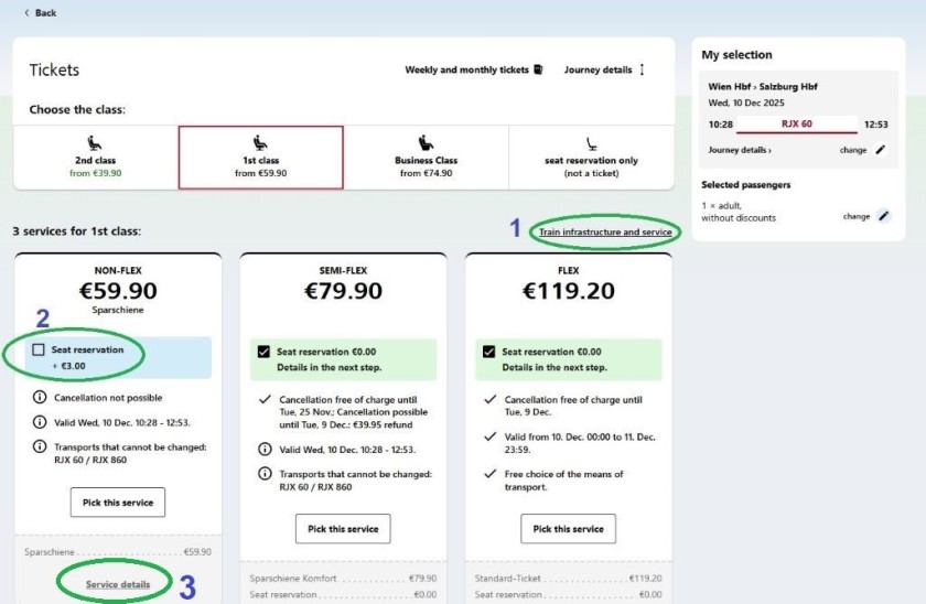 Choosing 1st class tickets when booking on the OBB website