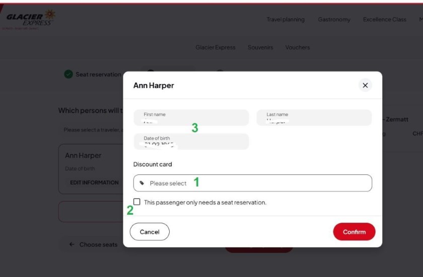 Selecting a discount when booking tickets on the Glacier Express website