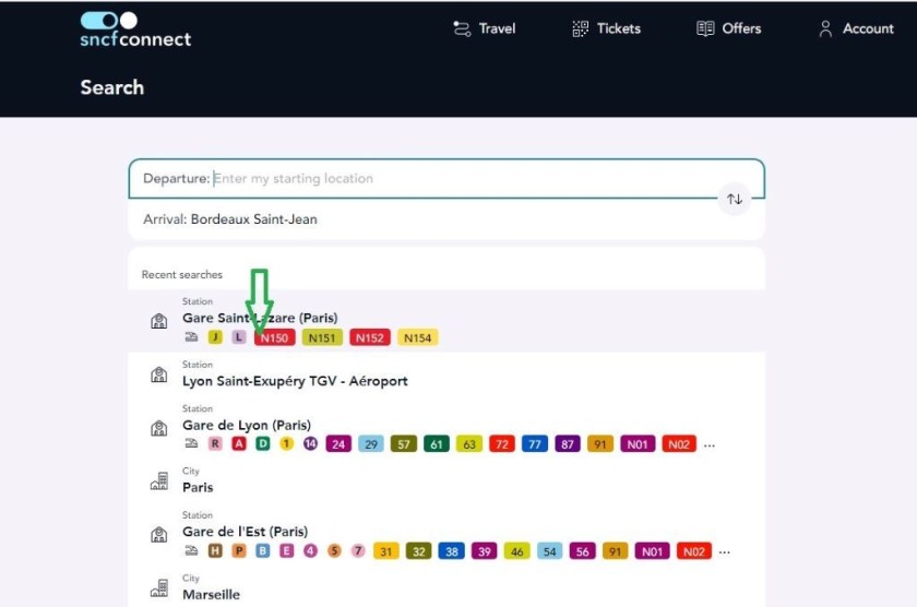 Choosing a departure point on SNCF Connect