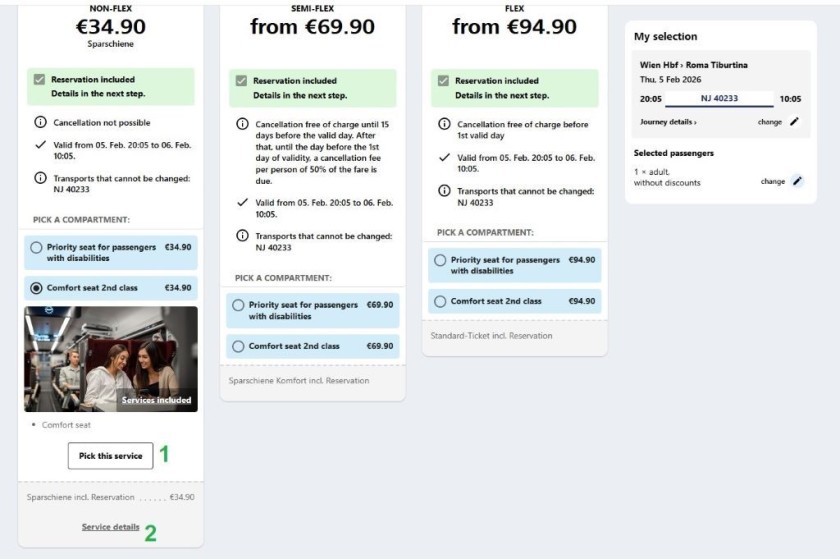 Checking the terms of the sleep train ticket options on the OBB website