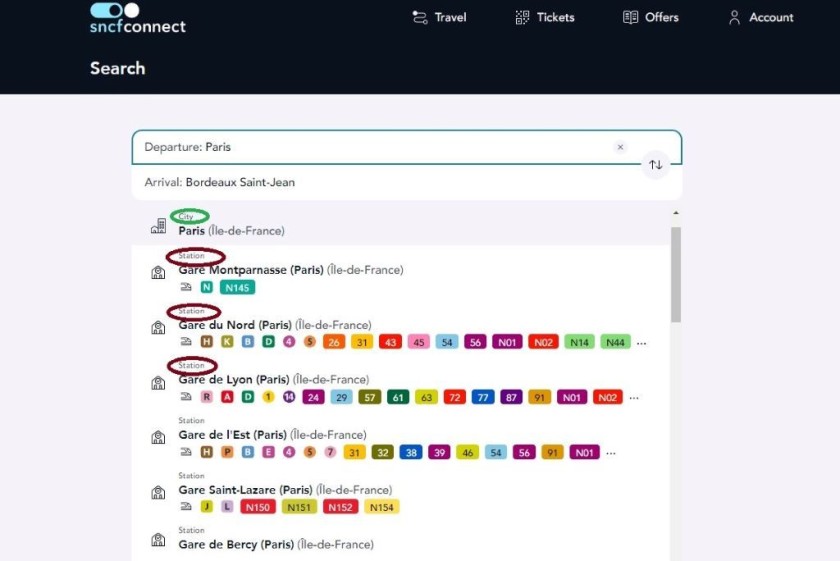 Choosing a station in Paris on SNCF Connect