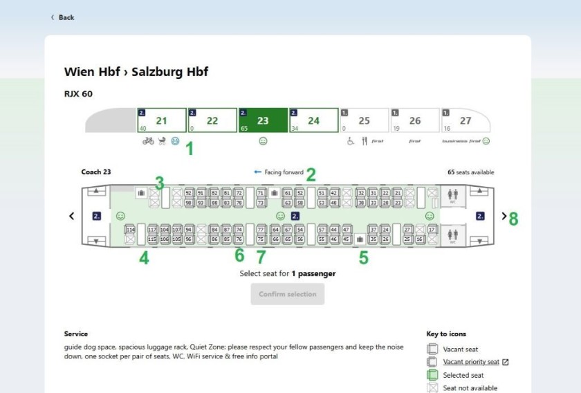 Using the seating plan when booking tickets on the OBB website