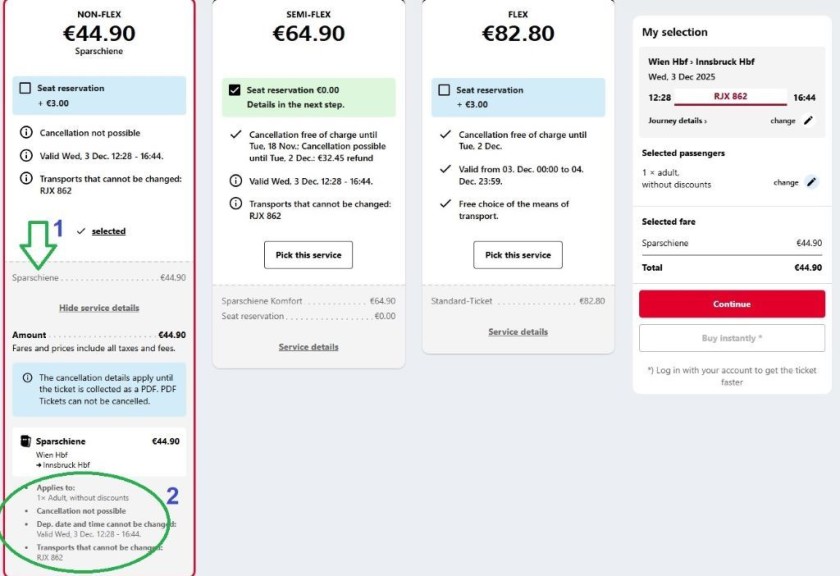Checking the terms and conditions of the types of ticket on the OBB website