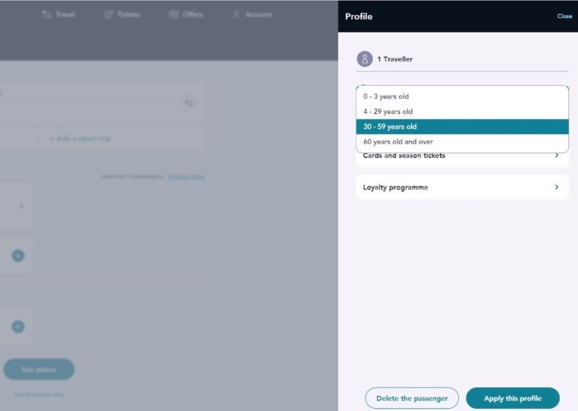 Choosing the age of traveller on SNCF Connect