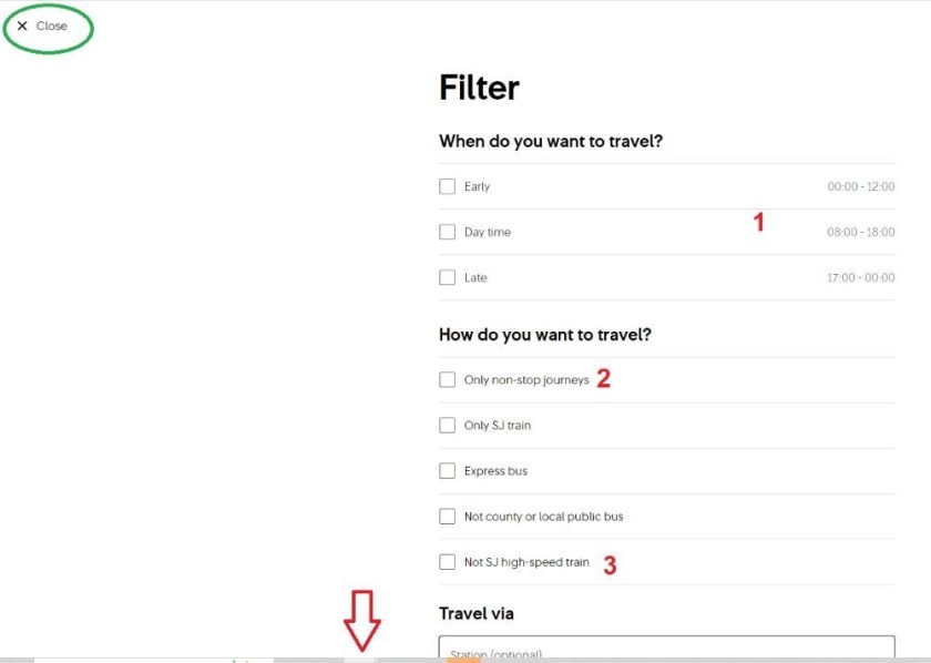 Choosing a departure on the SJ website