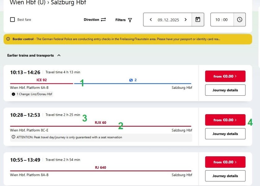 Choosing a journey when booking a rail pass reservation on the OBB website