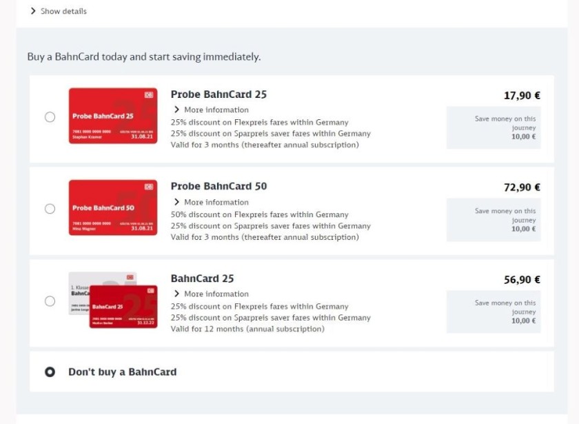Purchasing a Bahn Card during a journey search