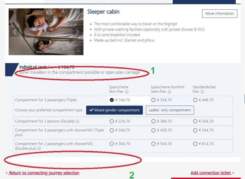 The sleeping cabin options for a party of 3 people on a Nightjet train