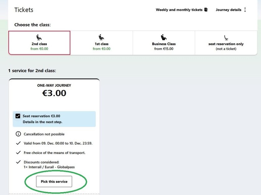 Booking an rail pass reservation on the OBB website