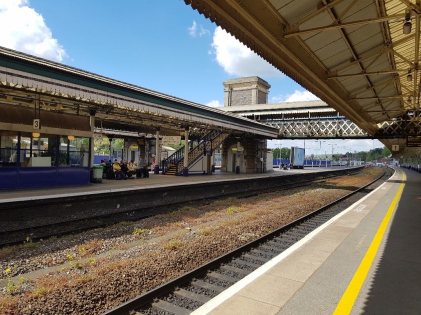 Looking right on platform 1 towards the secondary footbridge