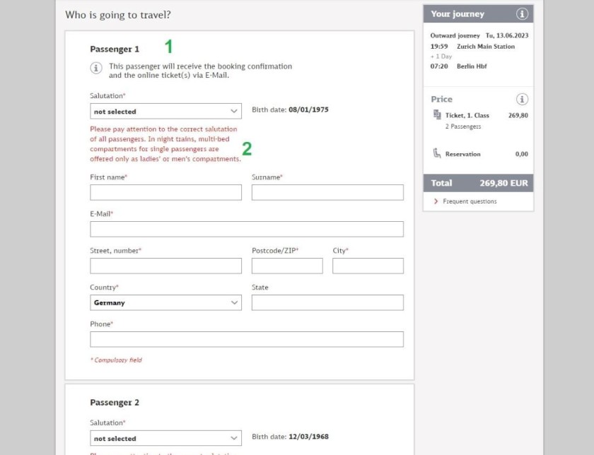 Booking sleeping cabins on the DB website