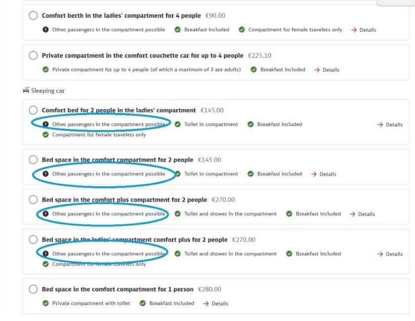 Booking sleeping cabins for night trains on the DB website
