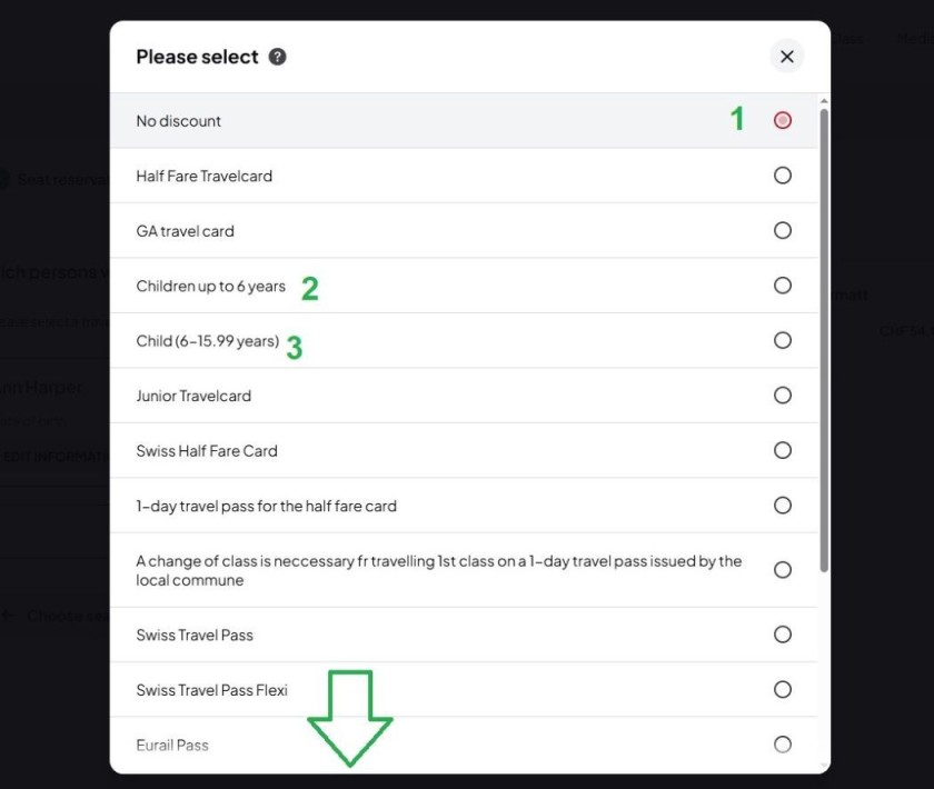 Selecting a type of discount when booking tickets on the Glacier Express website