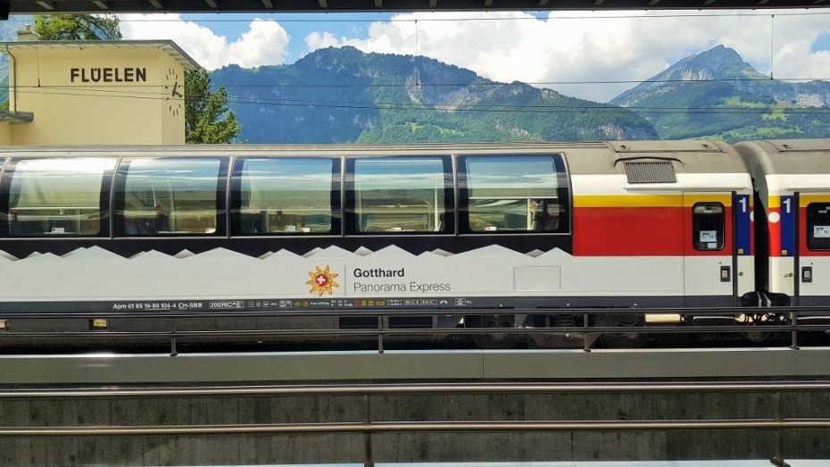 Exterior view of one of the 1st class observation cars used on the Gotthard Panorama Express