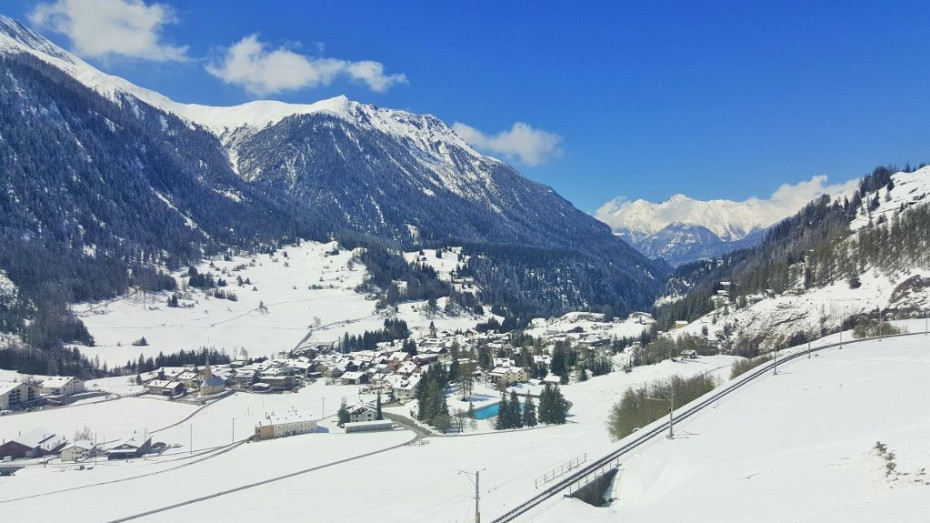 The RhB line between St Moritz and Filisur threads down the valley