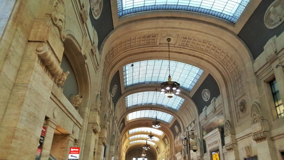 The main departure hall at Milan's main station that sits behind the concourse