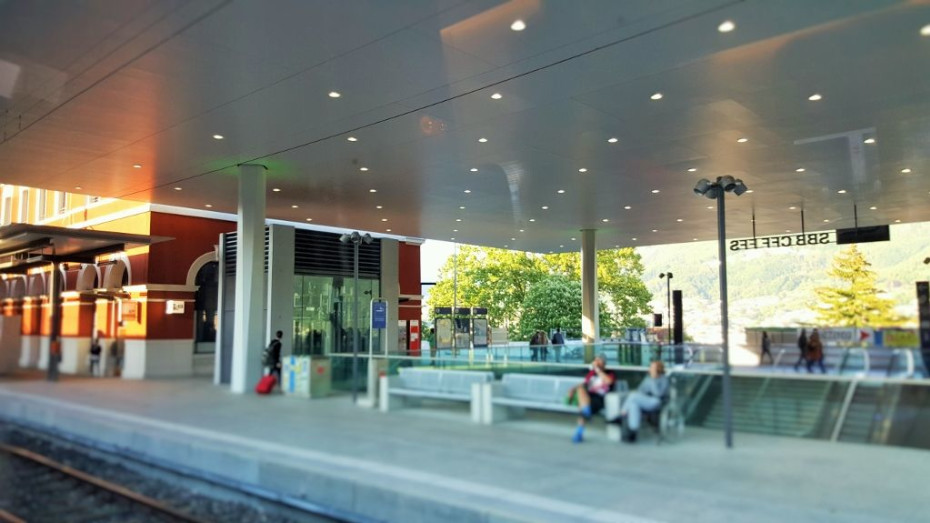 Lugano station - the escalators lead down to the main station hall that has access to the funicular