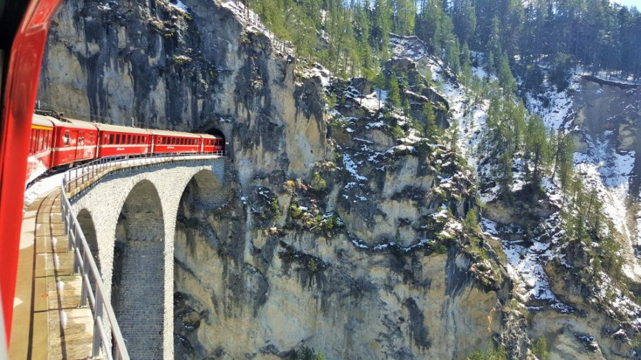 Crossing the Landwasser Viaduct on the journey from Chur to St Moritz