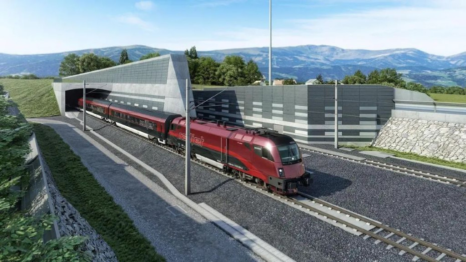 An artist impression of a train using the Koralmbahn