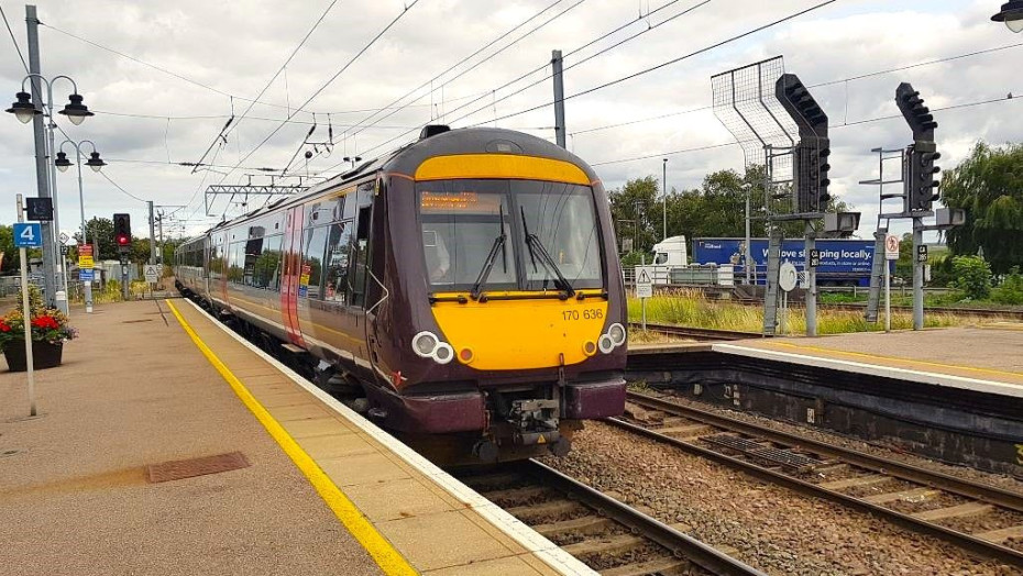 A CrossCountry Turbostar train on the Stansted Airport to Birmingham route
