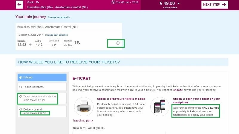 ticket delivery options on B Europe