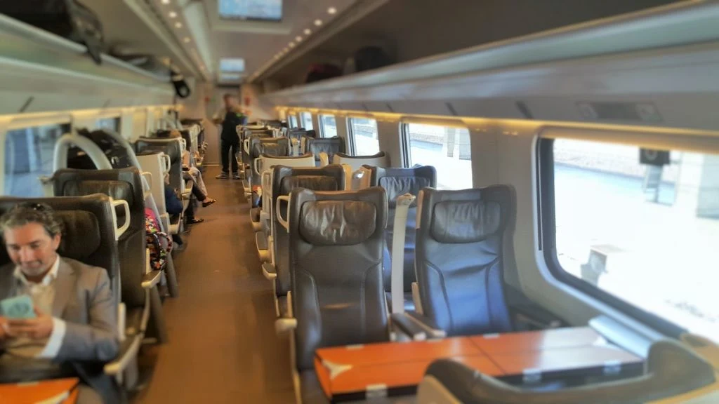 The 1st class seating saloon on an ETR 600 train being used on a Frecciargento service