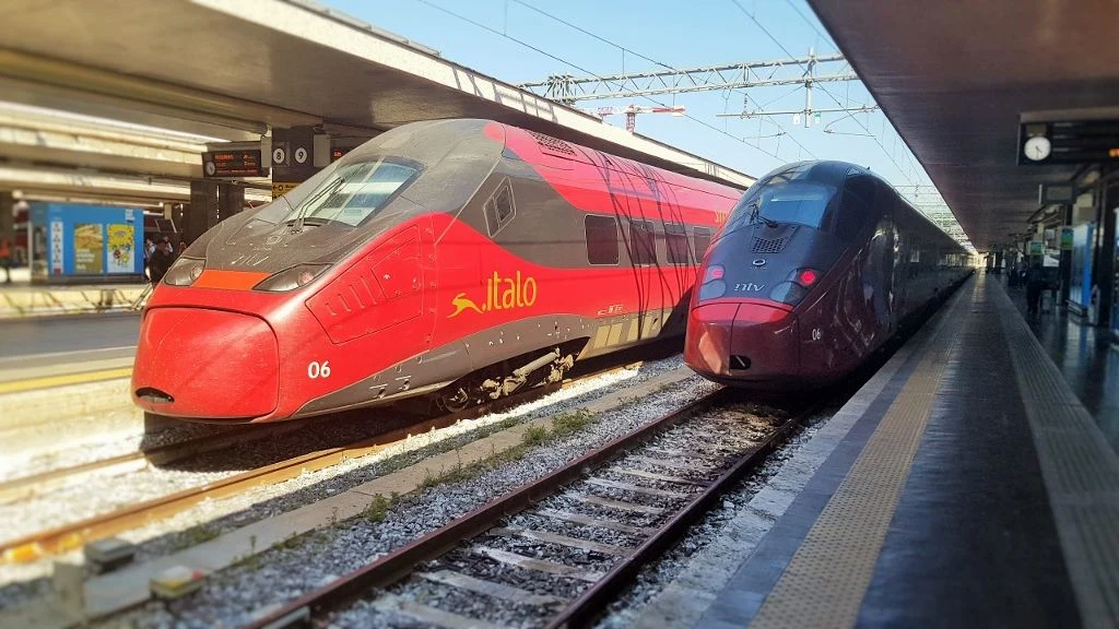 Two types of train are now used on Italo services - the newer train is on the left