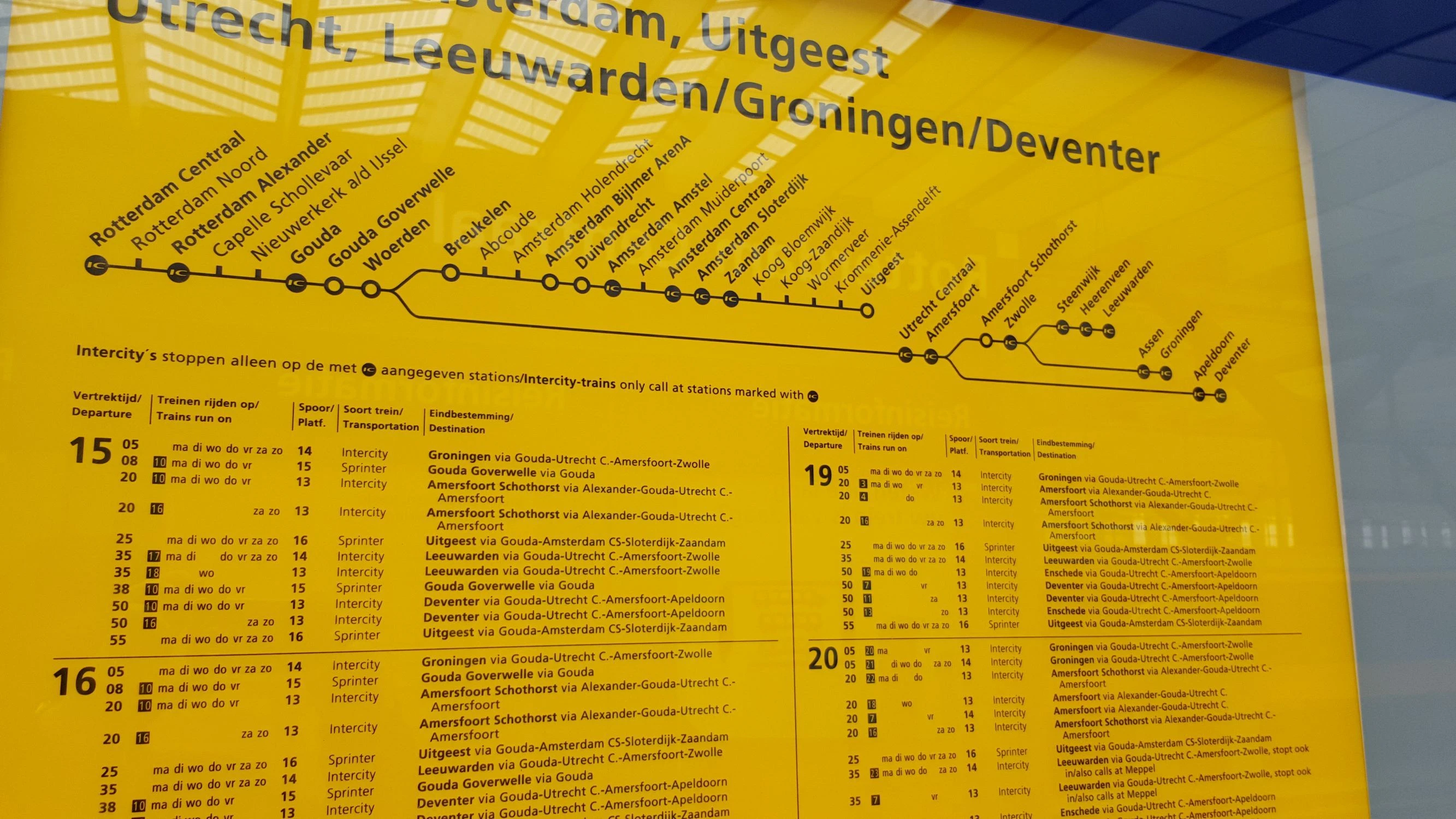 The train departure posters at a Dutch station