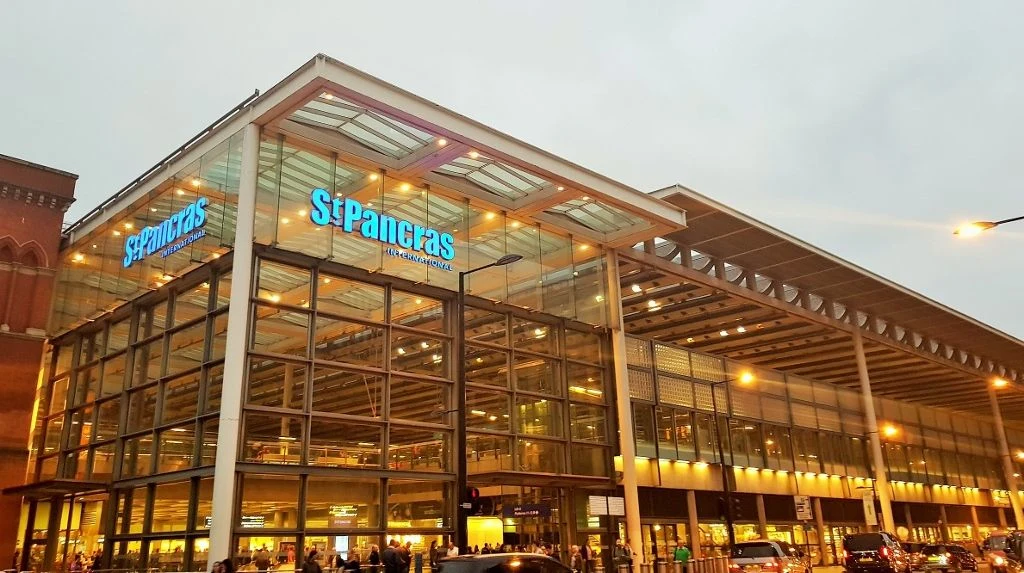 The main entrance to St Pancras International as seen from the Panrcas Road exit at King's Cross