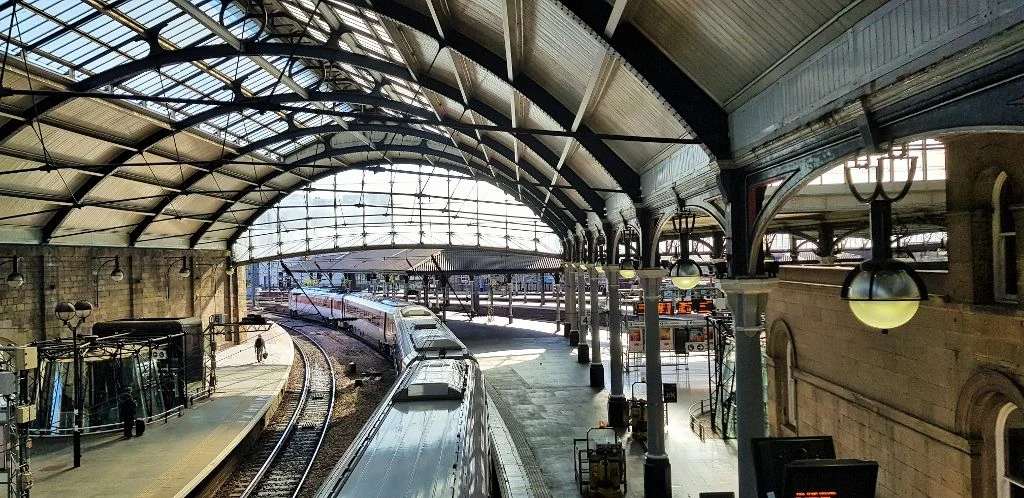 The original Newcastle station to the right and the 1980s addition to the left