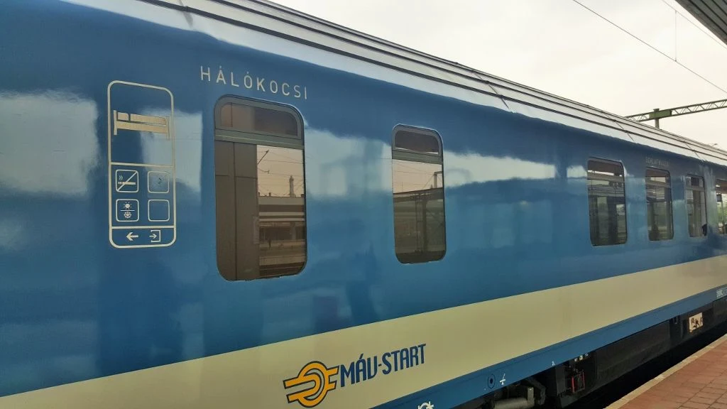 A sleeping car coach on a night train operated by MAV, Hungarian Railways
