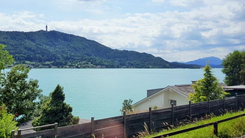Looking over the Worthersee on a train south of Klagenfurt