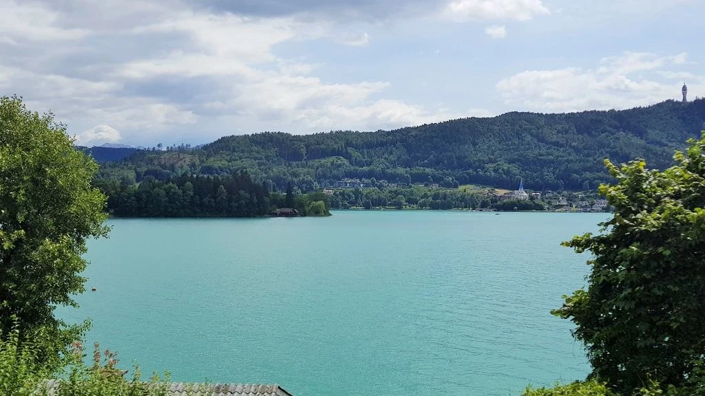 Looking over the Worthersee on a train south of Klagenfurt