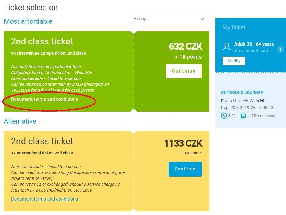 Choosing a ticket on the Czech Railways website