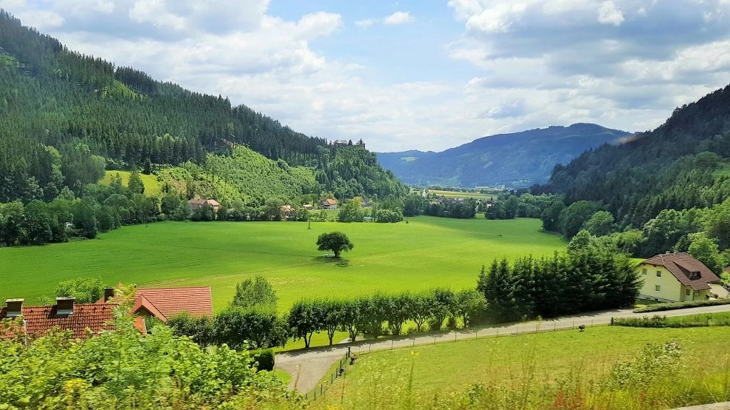 The stunning Austrian countryside from a train between Vienna and Venice