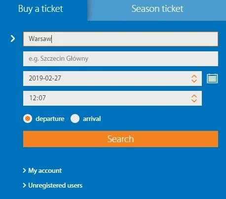 Booking train tickets from Warsaw on the PKP website