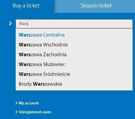 Choosing a specific station in Warszawa when booking tickets on the PKP website