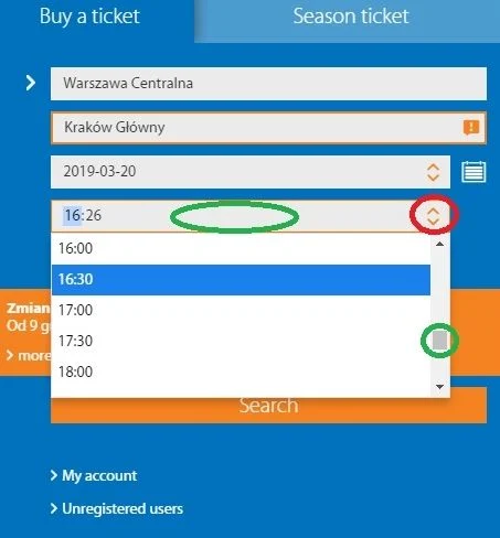 Choosing a departure time on the PKP website