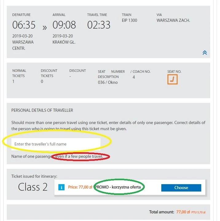 Confirming your booking details when booking tickets on the PKP website