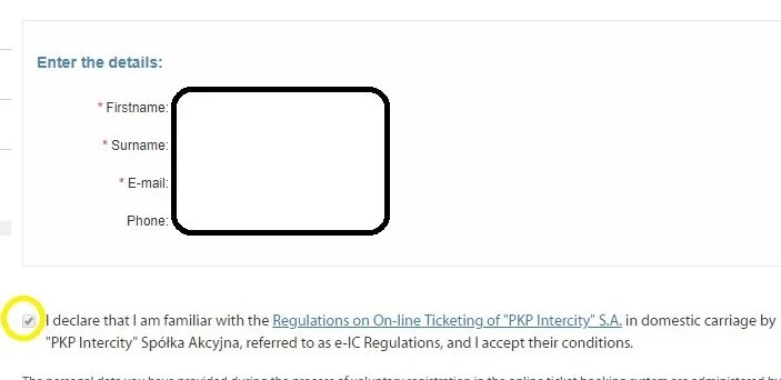 Accepting the Terms an Conditions on the PKP ticket booking service