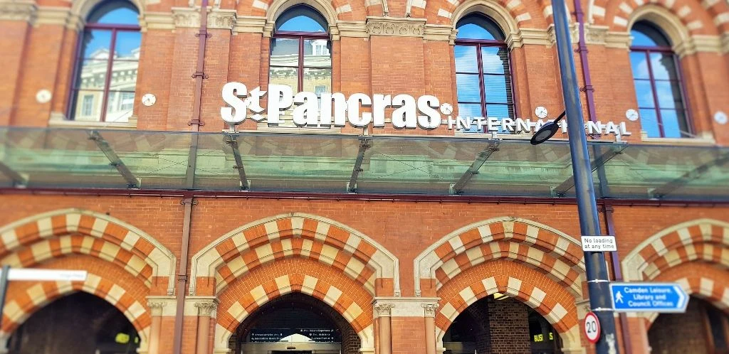The main street entrance to Eurostar Departures at St Pancras International on Pancras Road