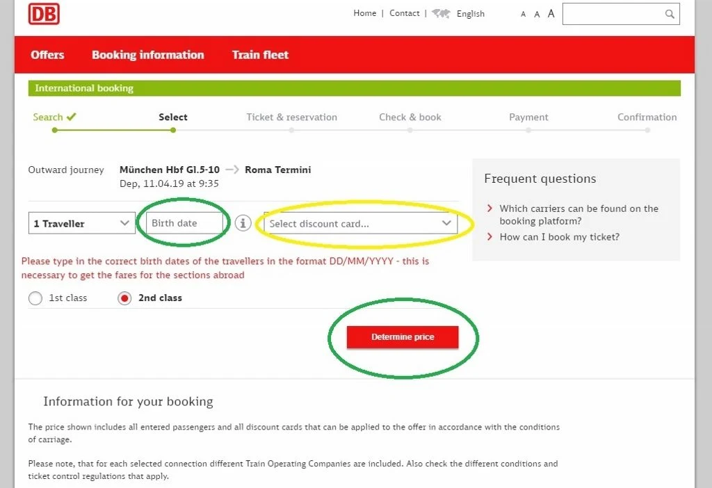If you see Determine Price when booking international tickets on the DB website