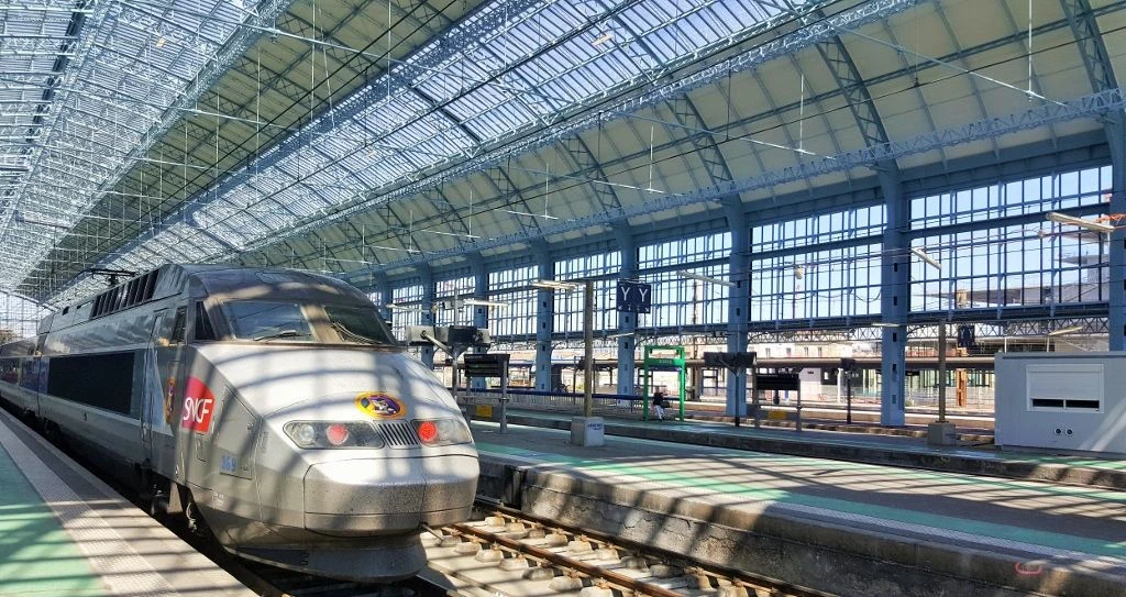 A TGV train from Strasbourg arrives in the magnificent Bordeaux St-Jean station