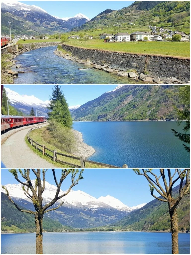 Travelling by Lago Poschiavo on the Bernina Railway