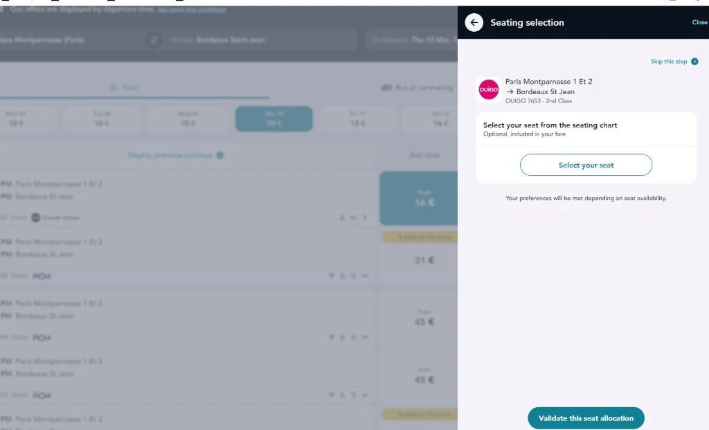 Ouigo seating plan on SNCF Connect