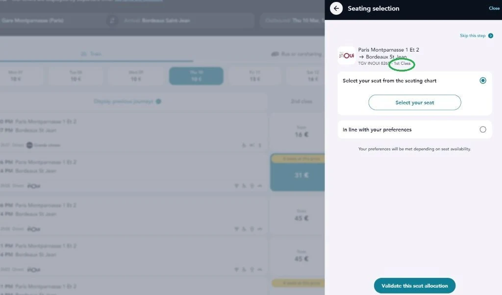 Selecting a seat when booking 1st class tickets on SNCF Connect