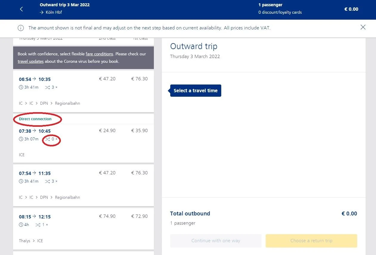 Booking a direct train on NS International