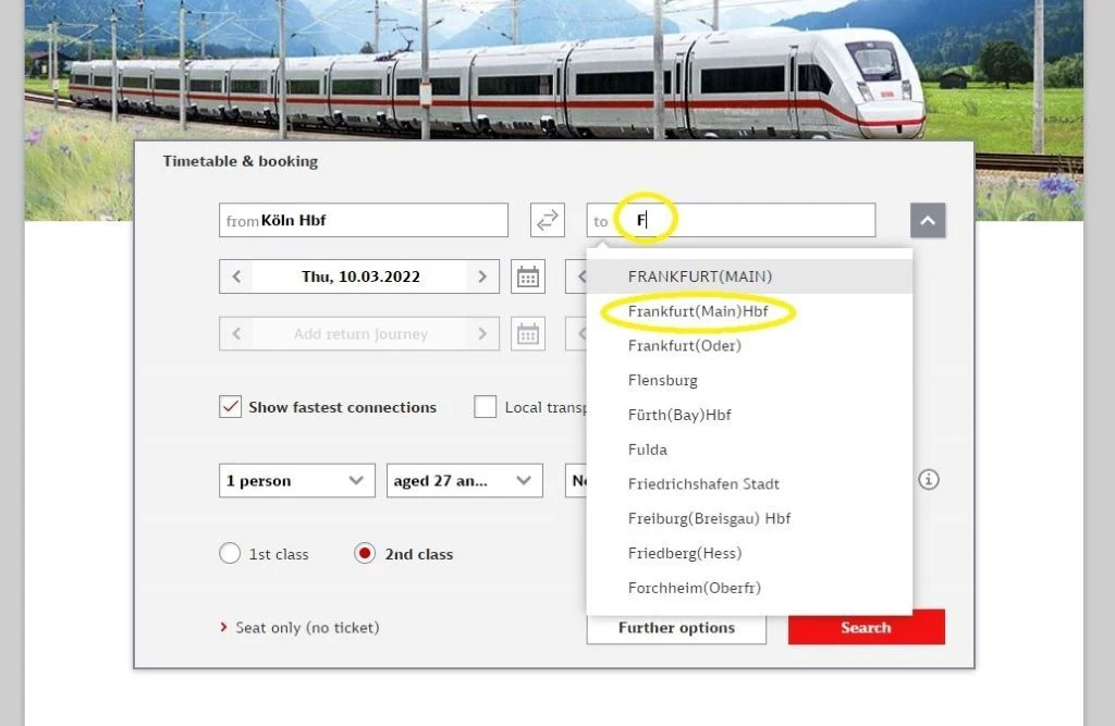 Selecting a station on the DB website