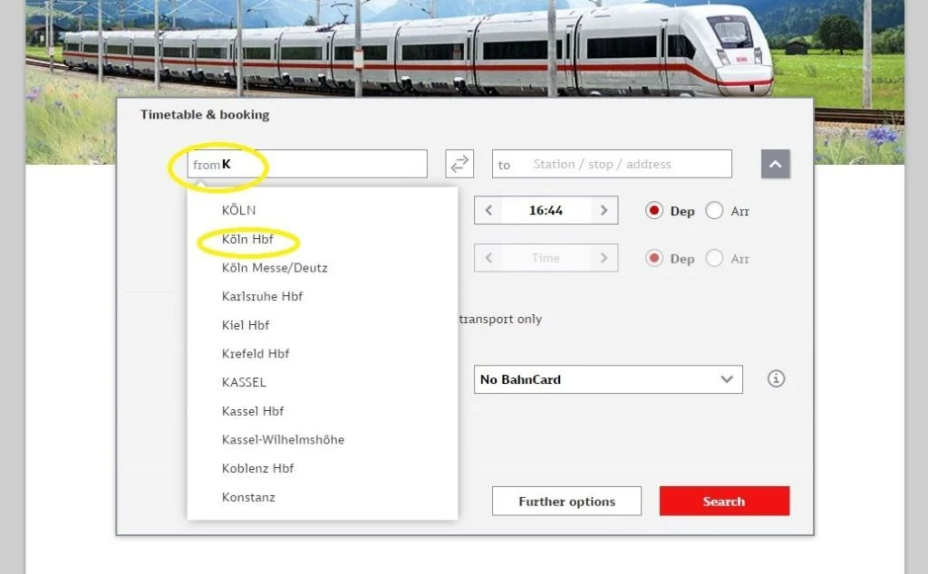 Selecting a station on the DB website